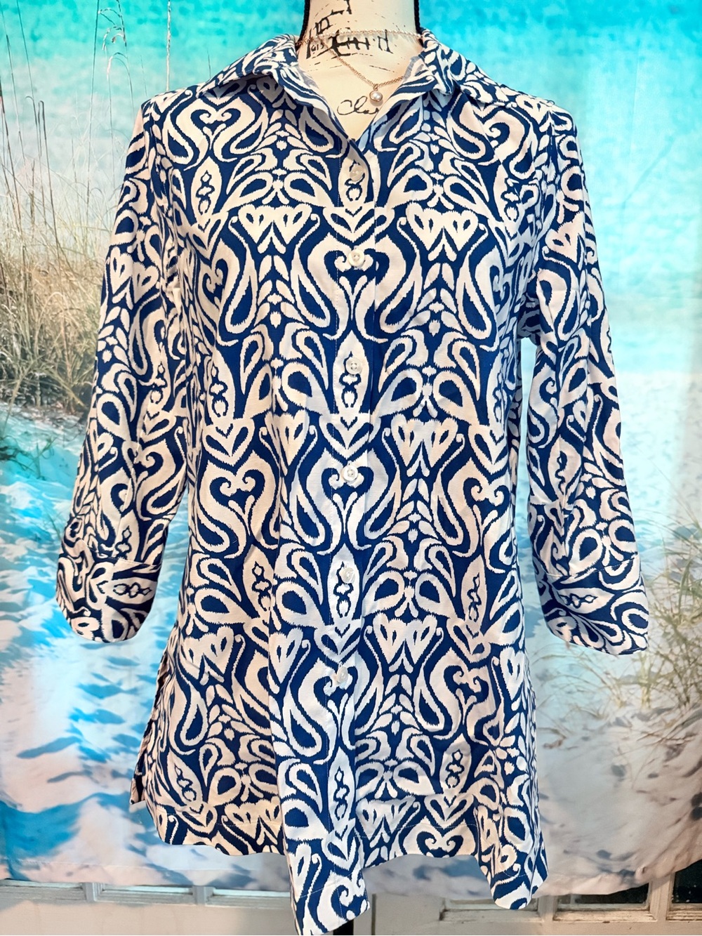 Chico's Blue and White Scroll-Print Tunic